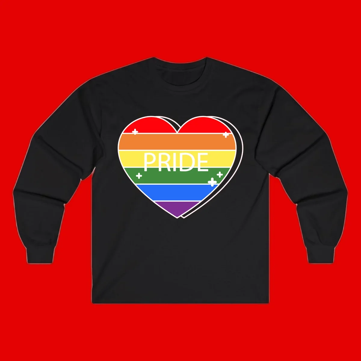 Rainbow pride heart with horizontal stripes and white 'PRIDE' text, featuring scattered plus signs and bold outline
