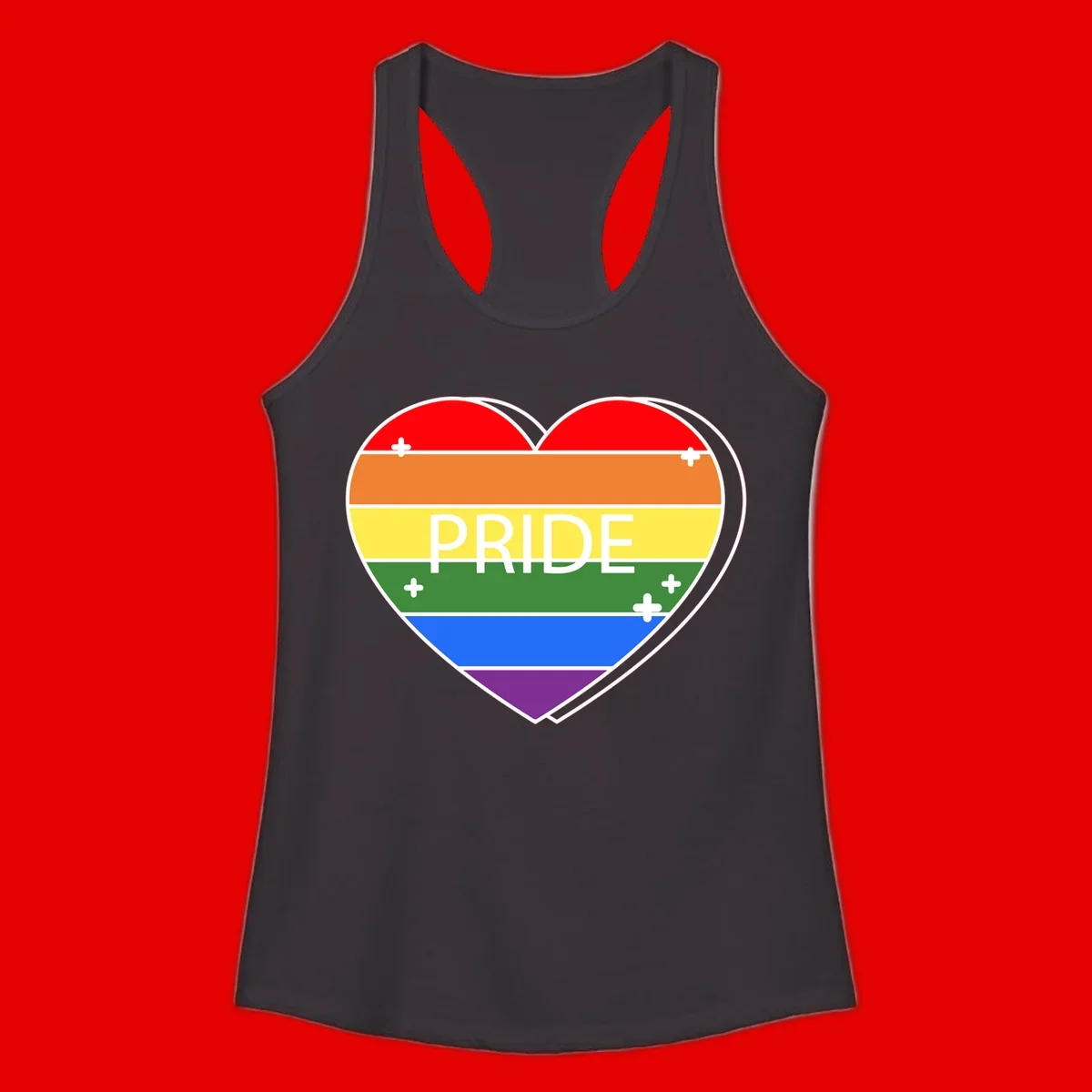Rainbow pride heart with horizontal stripes and white 'PRIDE' text, featuring scattered plus signs and bold outline