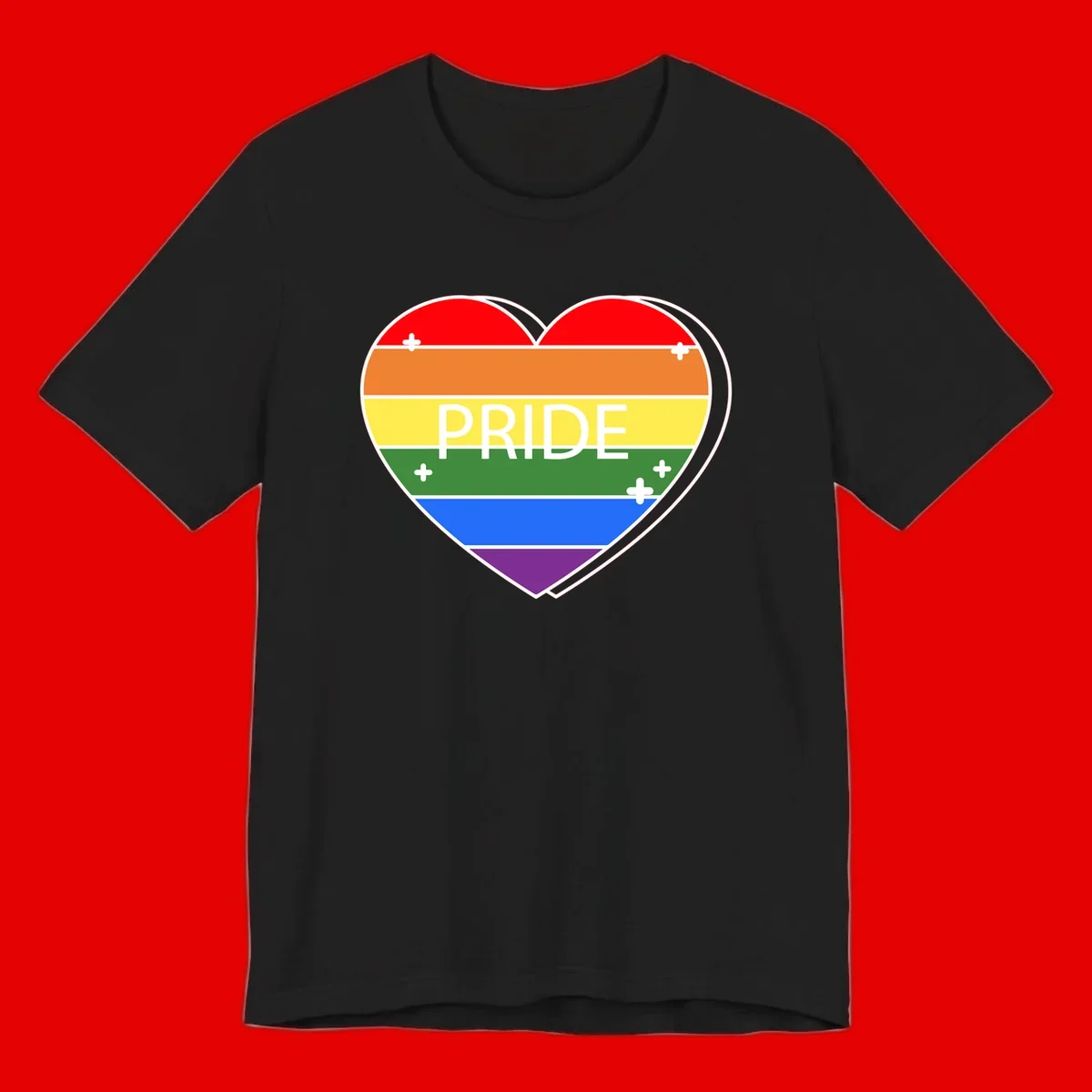 Rainbow pride heart with horizontal stripes and white 'PRIDE' text, featuring scattered plus signs and bold outline