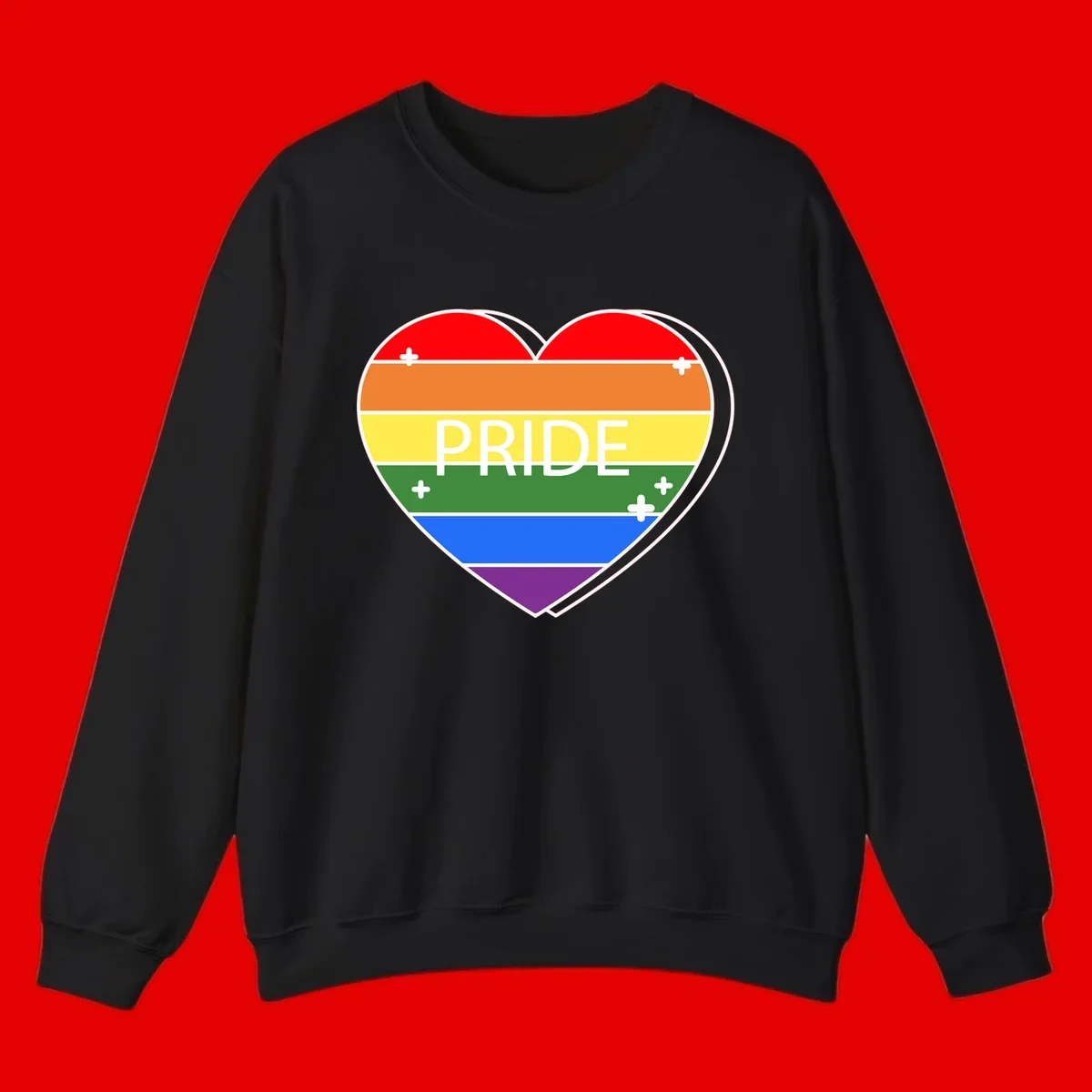 Rainbow pride heart with horizontal stripes and white 'PRIDE' text, featuring scattered plus signs and bold outline