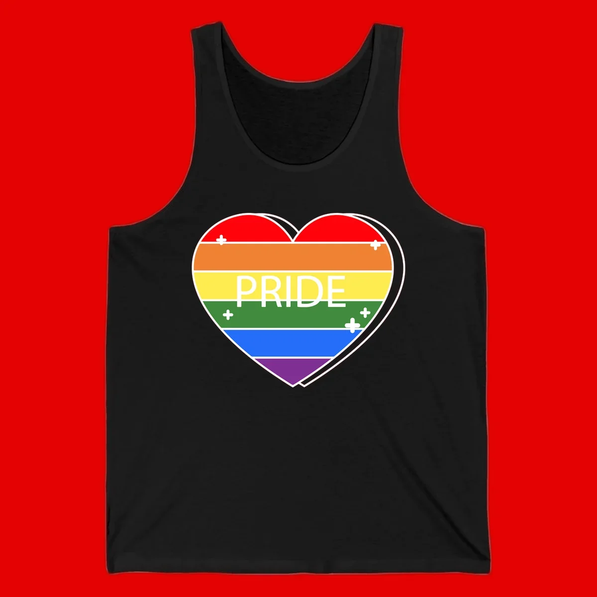 Rainbow pride heart with horizontal stripes and white 'PRIDE' text, featuring scattered plus signs and bold outline