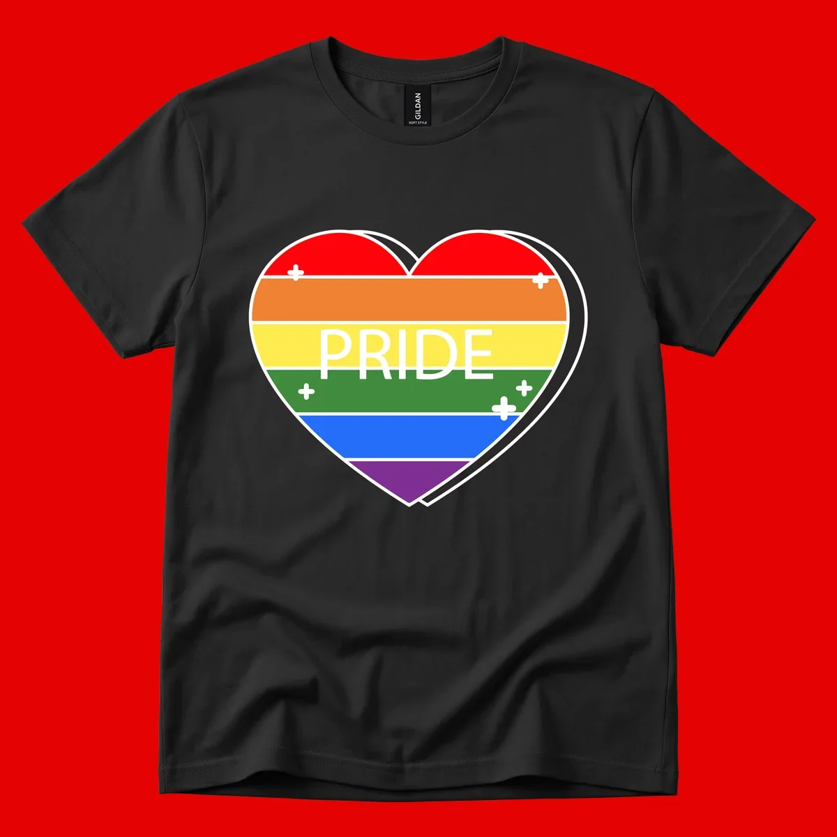 Rainbow pride heart with horizontal stripes and white 'PRIDE' text, featuring scattered plus signs and bold outline