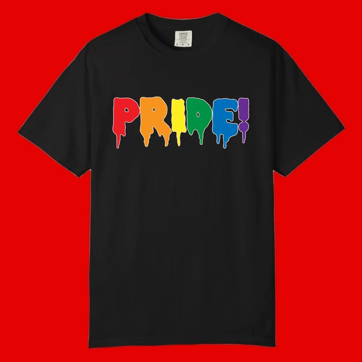 Colorful pride drip rainbow letters spelling PRIDE with melting paint effect in red, orange, yellow, green, blue, and purple