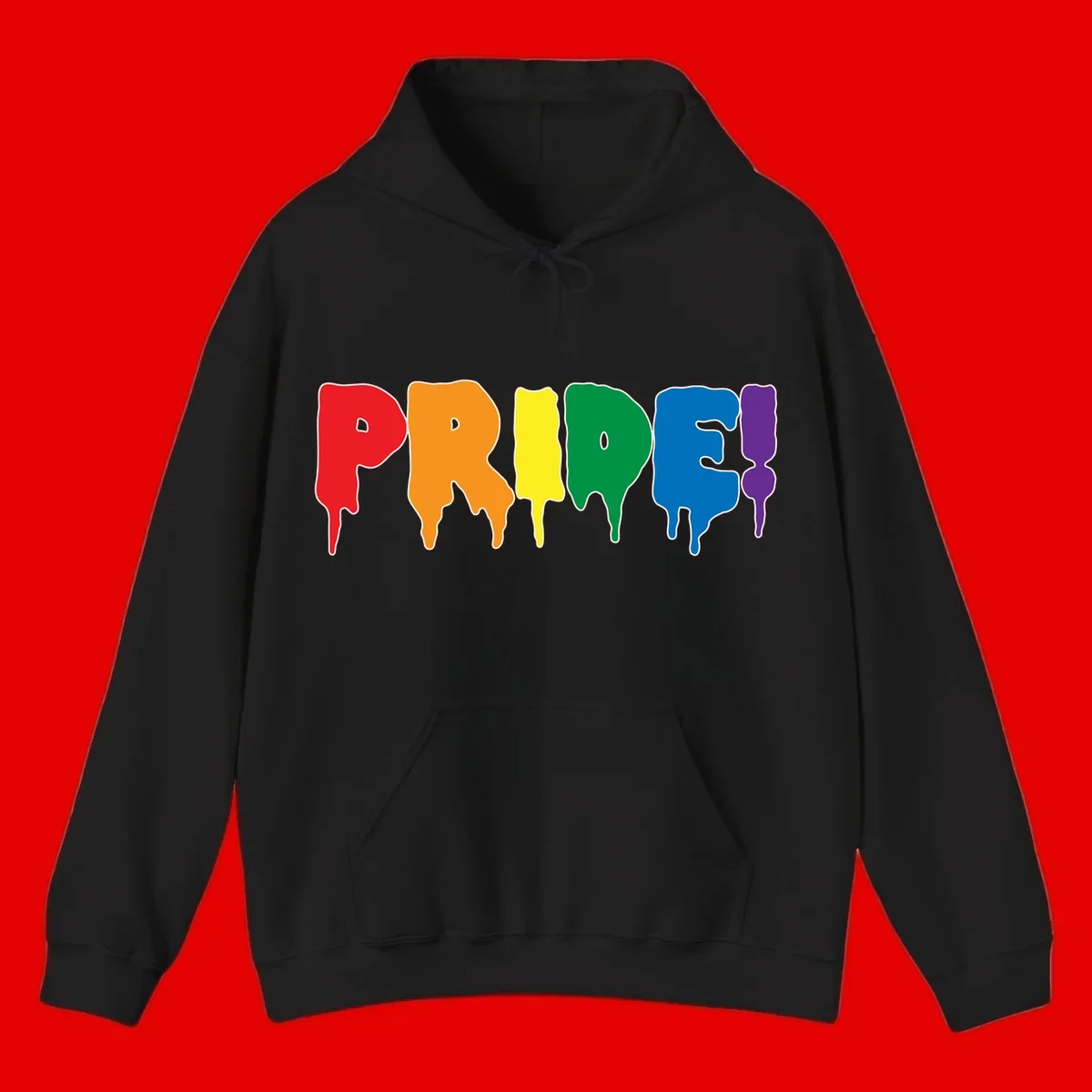 Colorful pride drip rainbow letters spelling PRIDE with melting paint effect in red, orange, yellow, green, blue, and purple