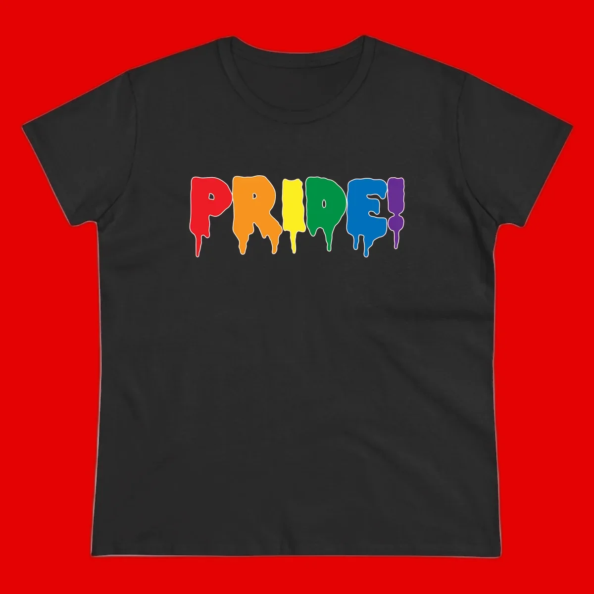 Colorful pride drip rainbow letters spelling PRIDE with melting paint effect in red, orange, yellow, green, blue, and purple