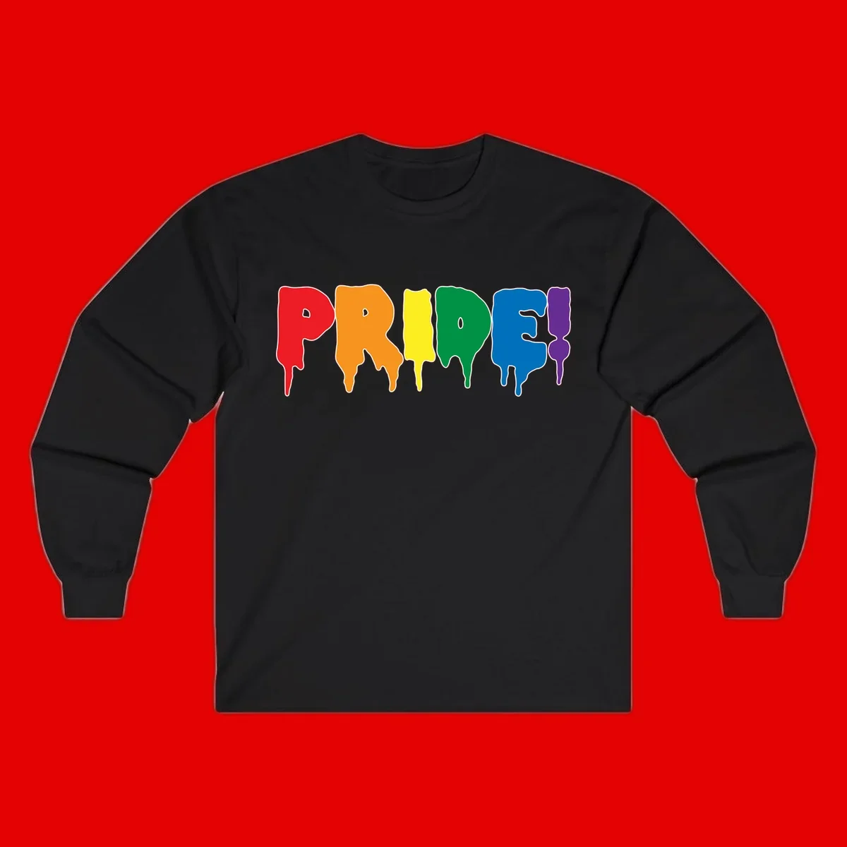 Colorful pride drip rainbow letters spelling PRIDE with melting paint effect in red, orange, yellow, green, blue, and purple