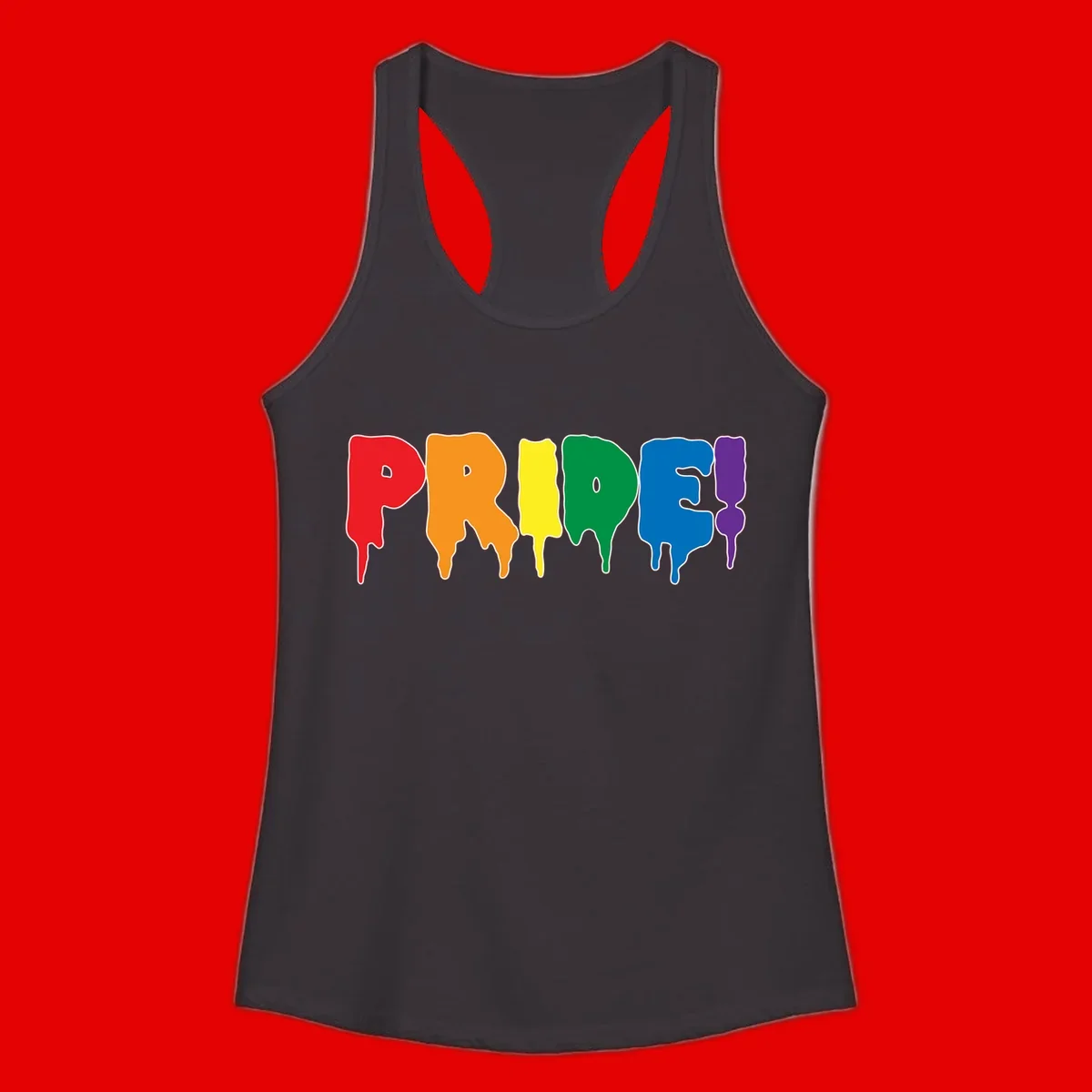 Colorful pride drip rainbow letters spelling PRIDE with melting paint effect in red, orange, yellow, green, blue, and purple