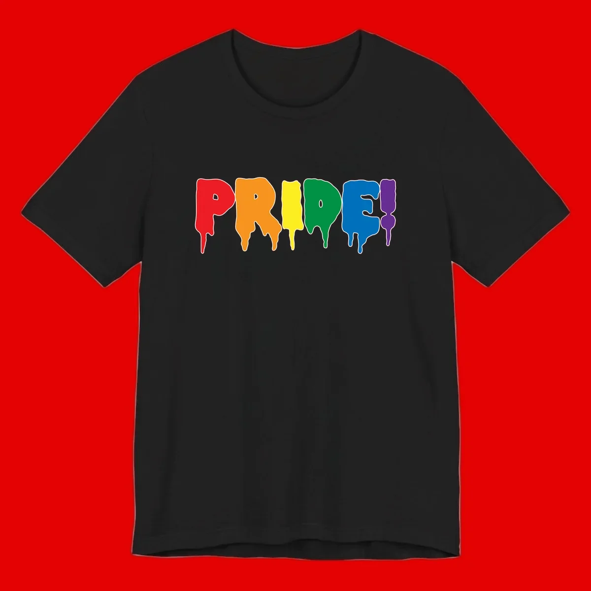 Colorful pride drip rainbow letters spelling PRIDE with melting paint effect in red, orange, yellow, green, blue, and purple