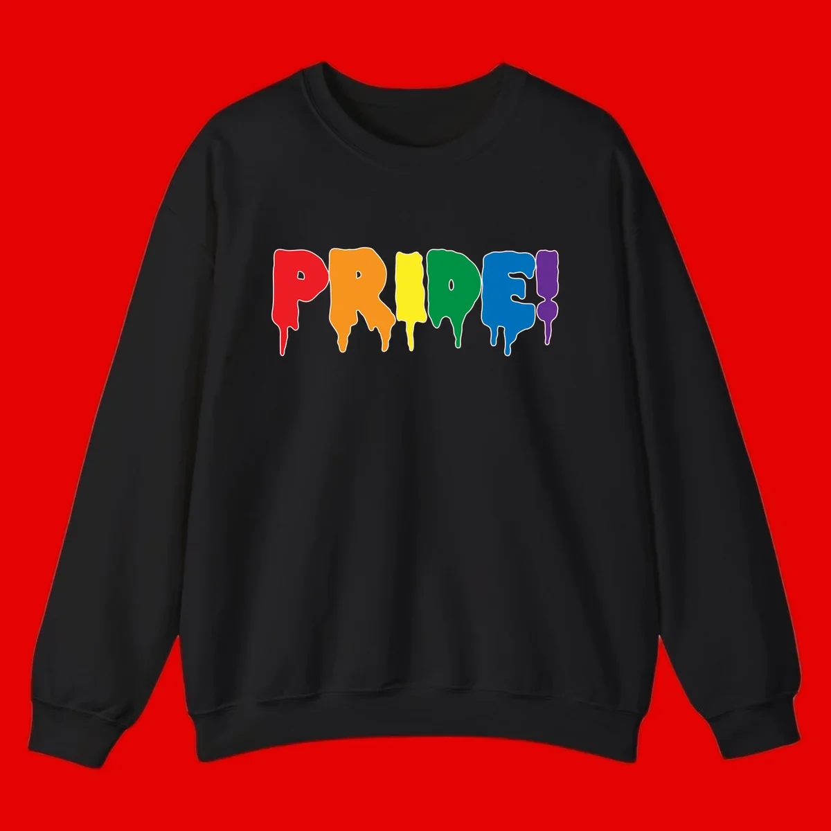 Colorful pride drip rainbow letters spelling PRIDE with melting paint effect in red, orange, yellow, green, blue, and purple
