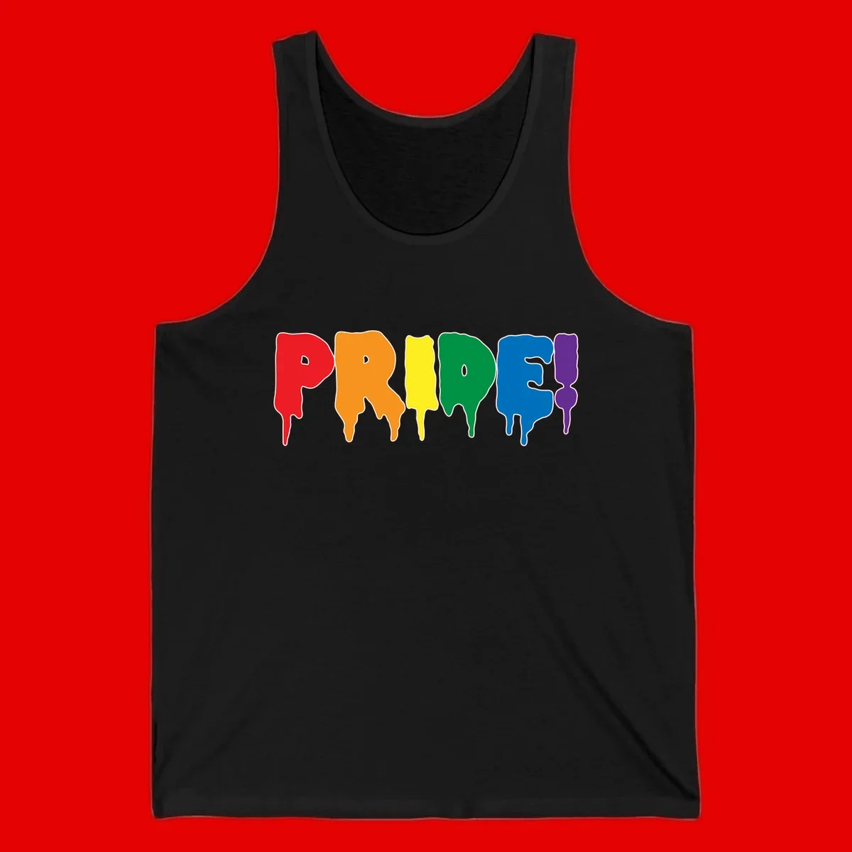 Colorful pride drip rainbow letters spelling PRIDE with melting paint effect in red, orange, yellow, green, blue, and purple