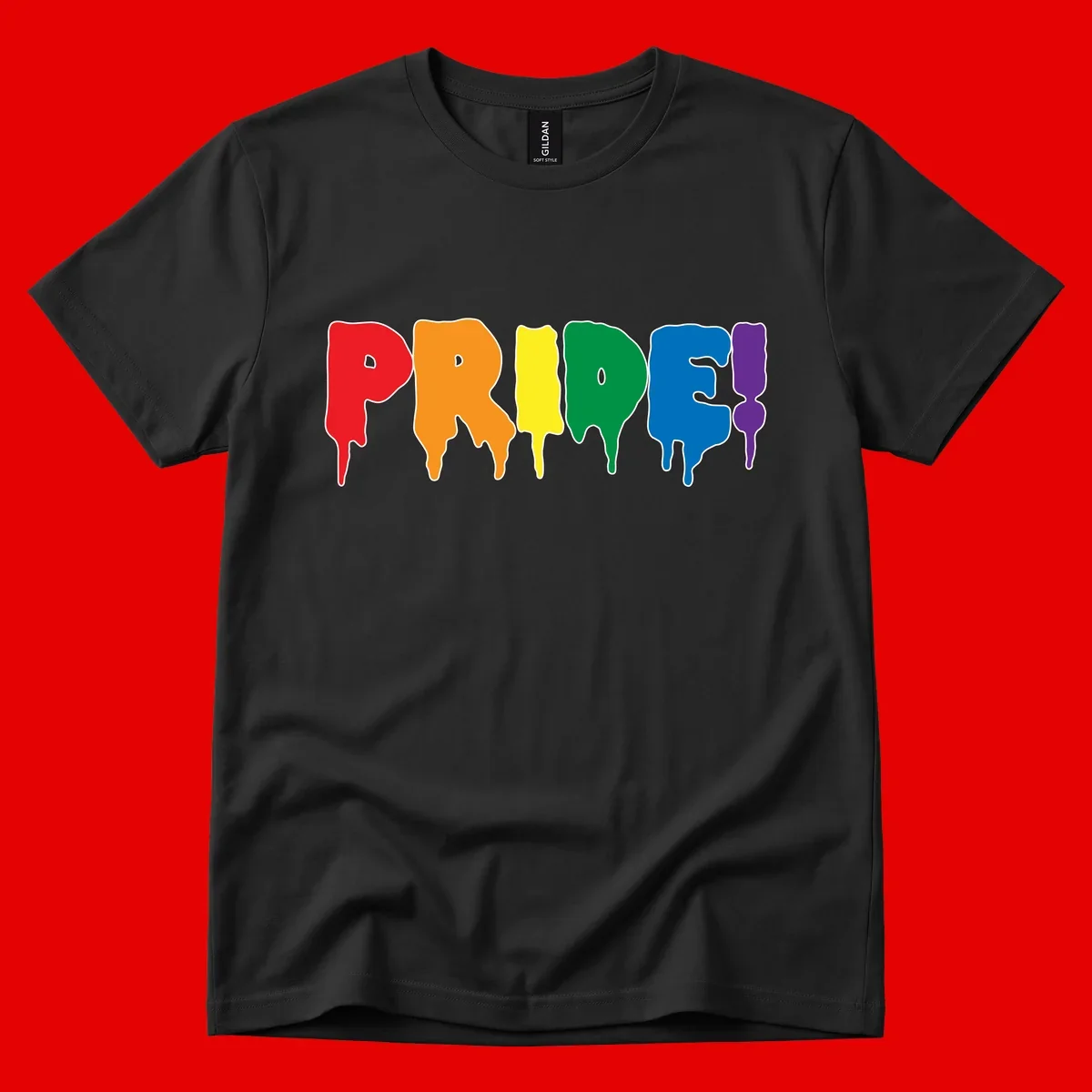 Colorful pride drip rainbow letters spelling PRIDE with melting paint effect in red, orange, yellow, green, blue, and purple