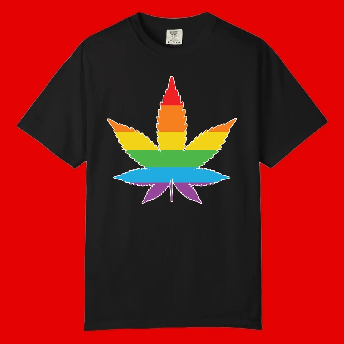 Rainbow-striped cannabis leaf with red, orange, yellow, green, blue, and purple horizontal bands and white outline
