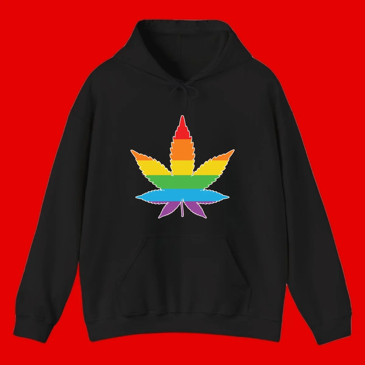 Rainbow-striped cannabis leaf with red, orange, yellow, green, blue, and purple horizontal bands and white outline