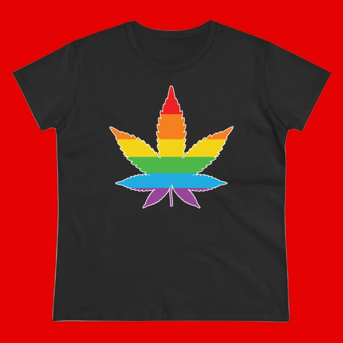Rainbow-striped cannabis leaf with red, orange, yellow, green, blue, and purple horizontal bands and white outline