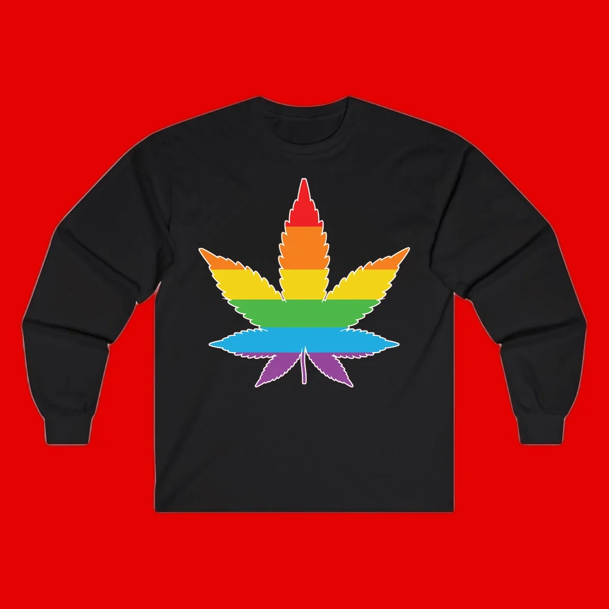 Rainbow-striped cannabis leaf with red, orange, yellow, green, blue, and purple horizontal bands and white outline
