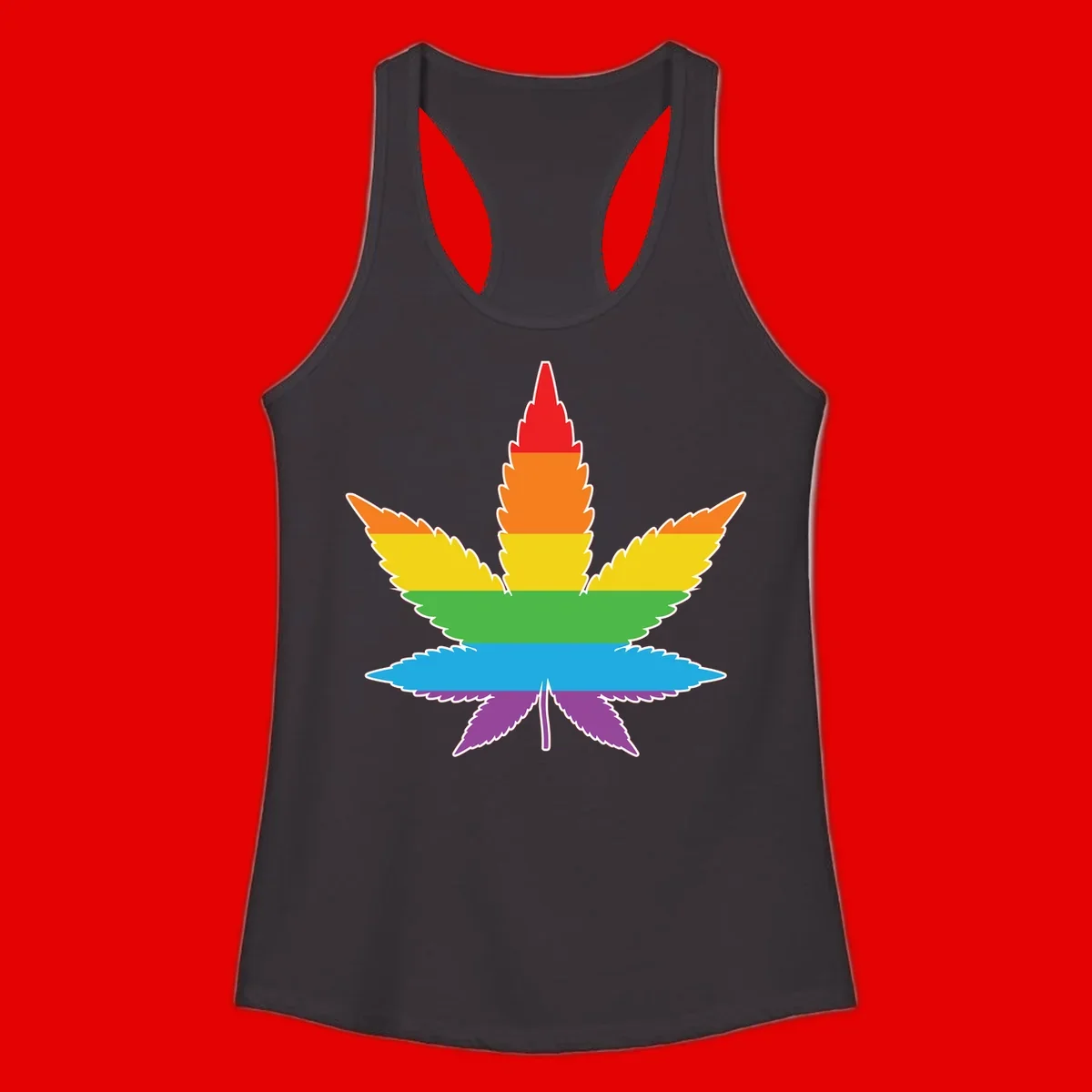 Rainbow-striped cannabis leaf with red, orange, yellow, green, blue, and purple horizontal bands and white outline