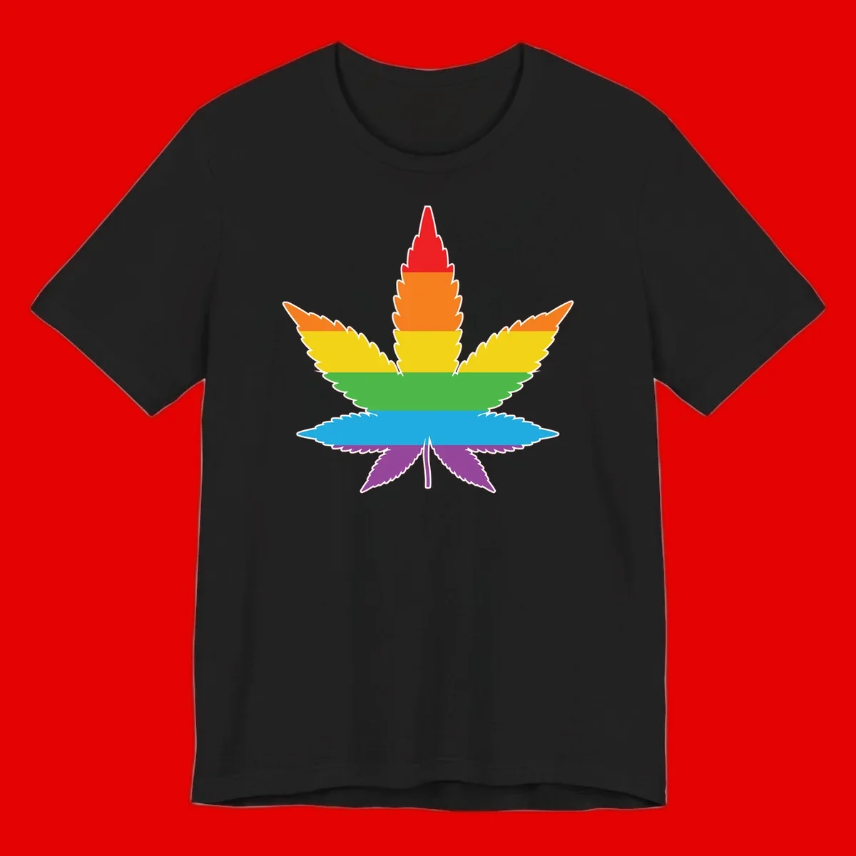 Rainbow-striped cannabis leaf with red, orange, yellow, green, blue, and purple horizontal bands and white outline