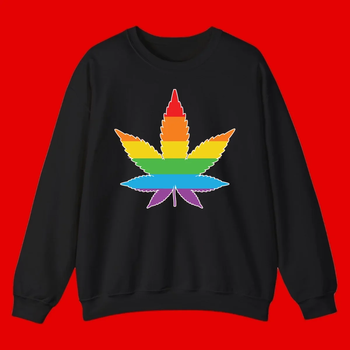 Rainbow-striped cannabis leaf with red, orange, yellow, green, blue, and purple horizontal bands and white outline