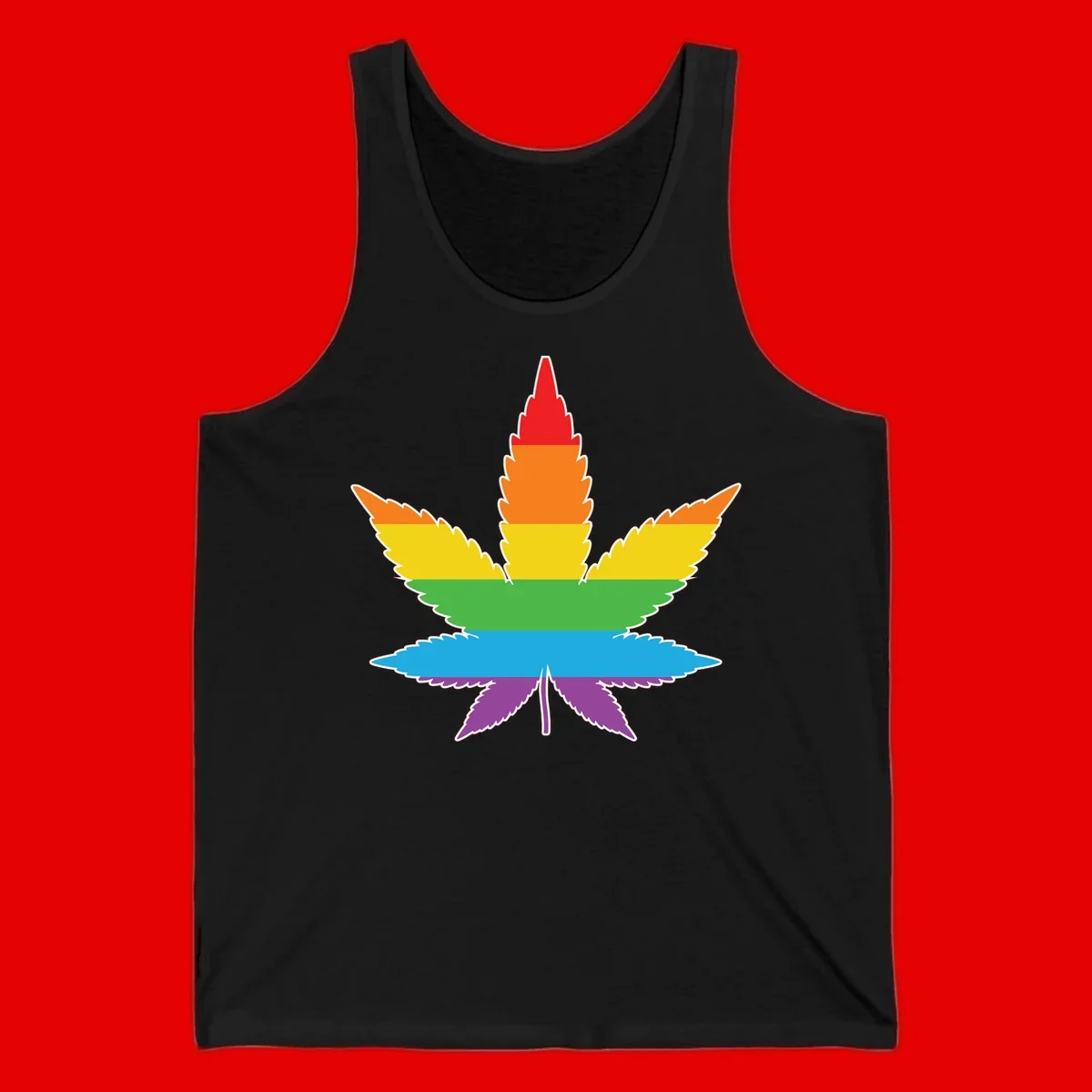 Rainbow-striped cannabis leaf with red, orange, yellow, green, blue, and purple horizontal bands and white outline
