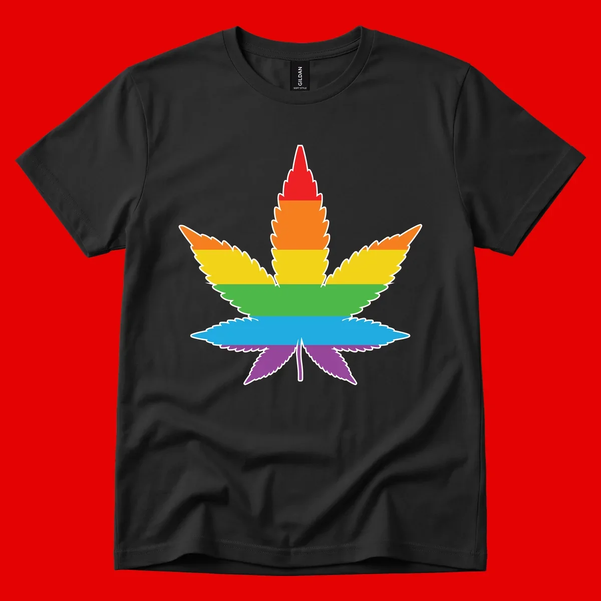 Rainbow-striped cannabis leaf with red, orange, yellow, green, blue, and purple horizontal bands and white outline