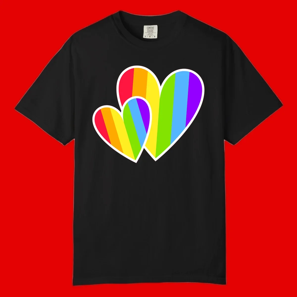 Three overlapping hearts with vertical rainbow stripes in pride colors: red, orange, yellow, green, blue, and purple with white borders