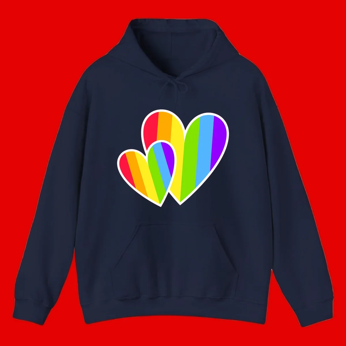 Three overlapping hearts with vertical rainbow stripes in pride colors: red, orange, yellow, green, blue, and purple with white borders