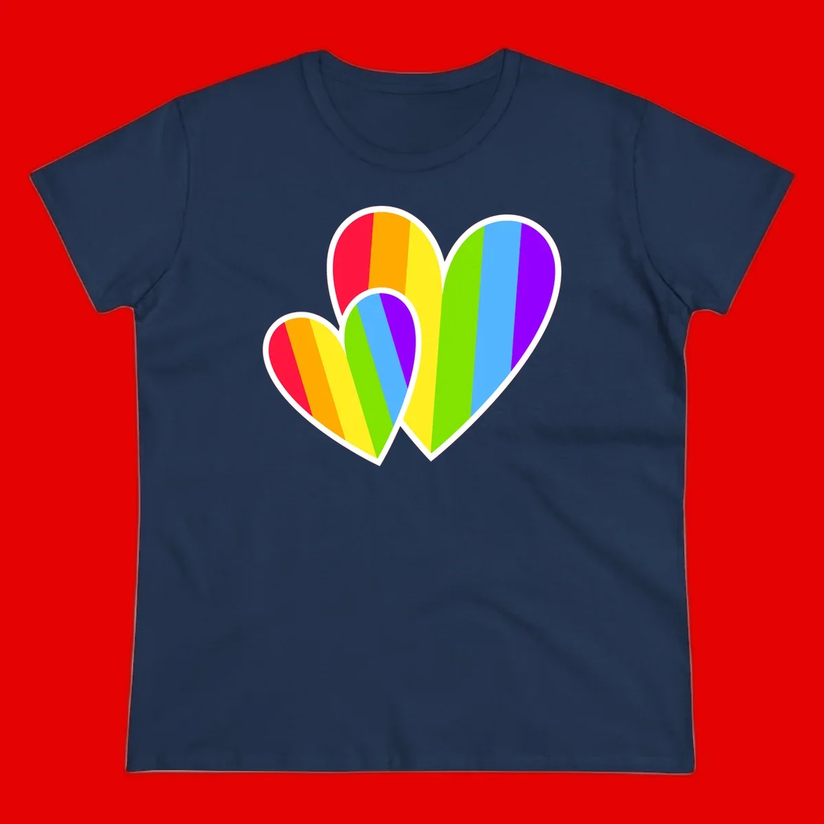 Three overlapping hearts with vertical rainbow stripes in pride colors: red, orange, yellow, green, blue, and purple with white borders