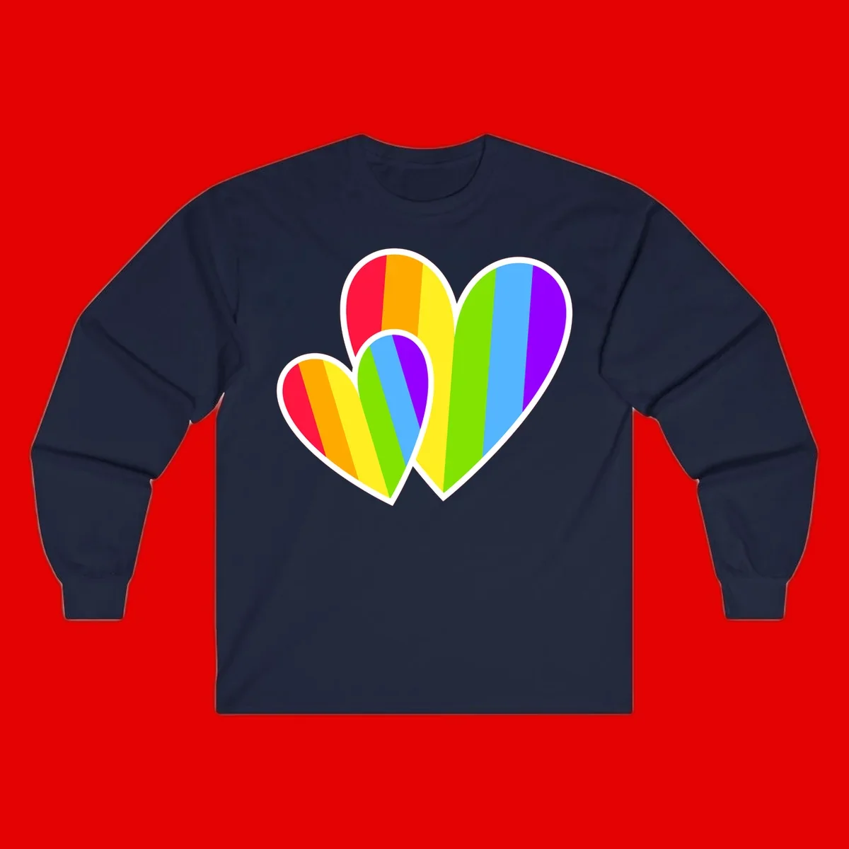 Three overlapping hearts with vertical rainbow stripes in pride colors: red, orange, yellow, green, blue, and purple with white borders
