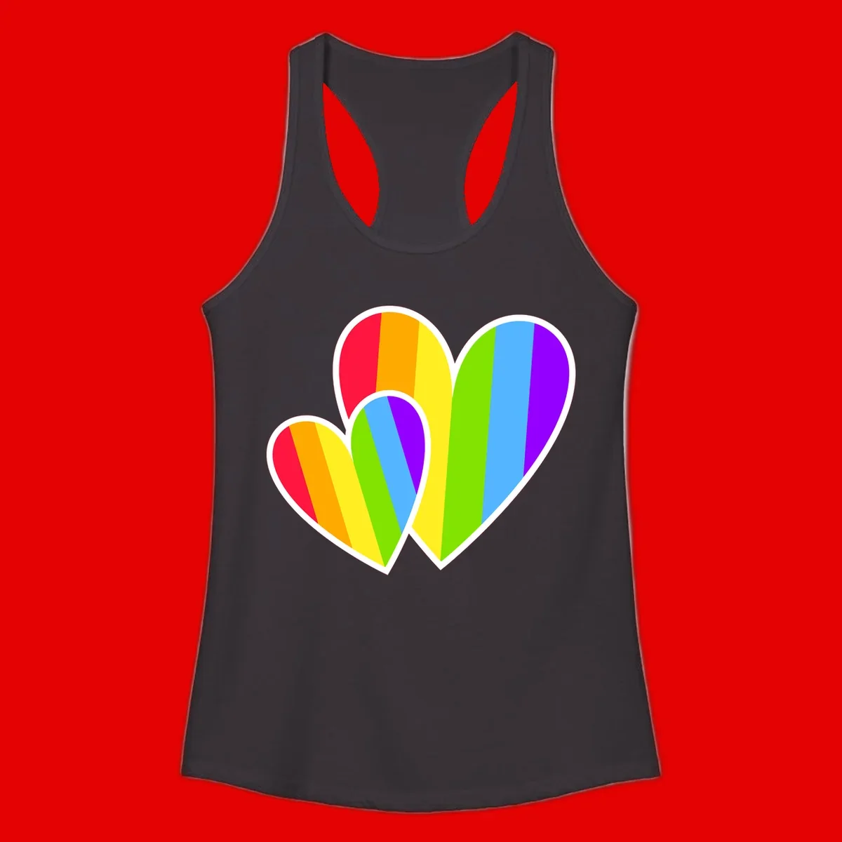 Three overlapping hearts with vertical rainbow stripes in pride colors: red, orange, yellow, green, blue, and purple with white borders