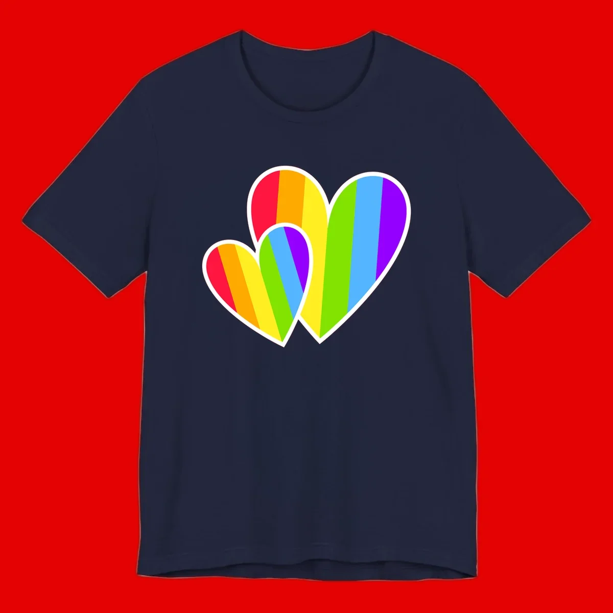 Three overlapping hearts with vertical rainbow stripes in pride colors: red, orange, yellow, green, blue, and purple with white borders