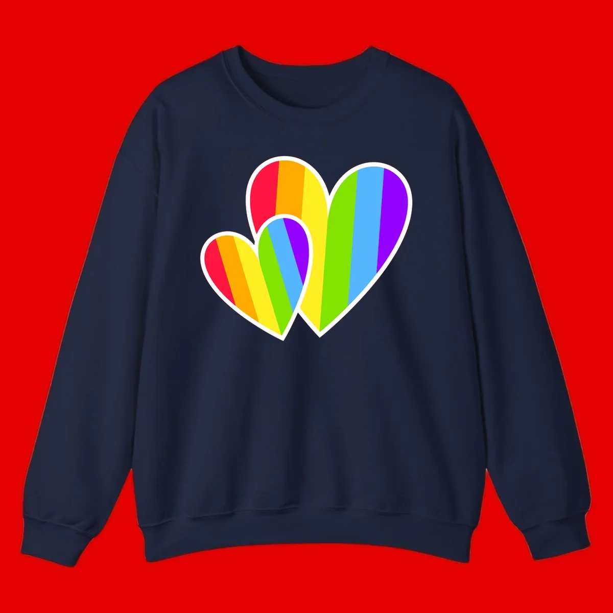 Three overlapping hearts with vertical rainbow stripes in pride colors: red, orange, yellow, green, blue, and purple with white borders