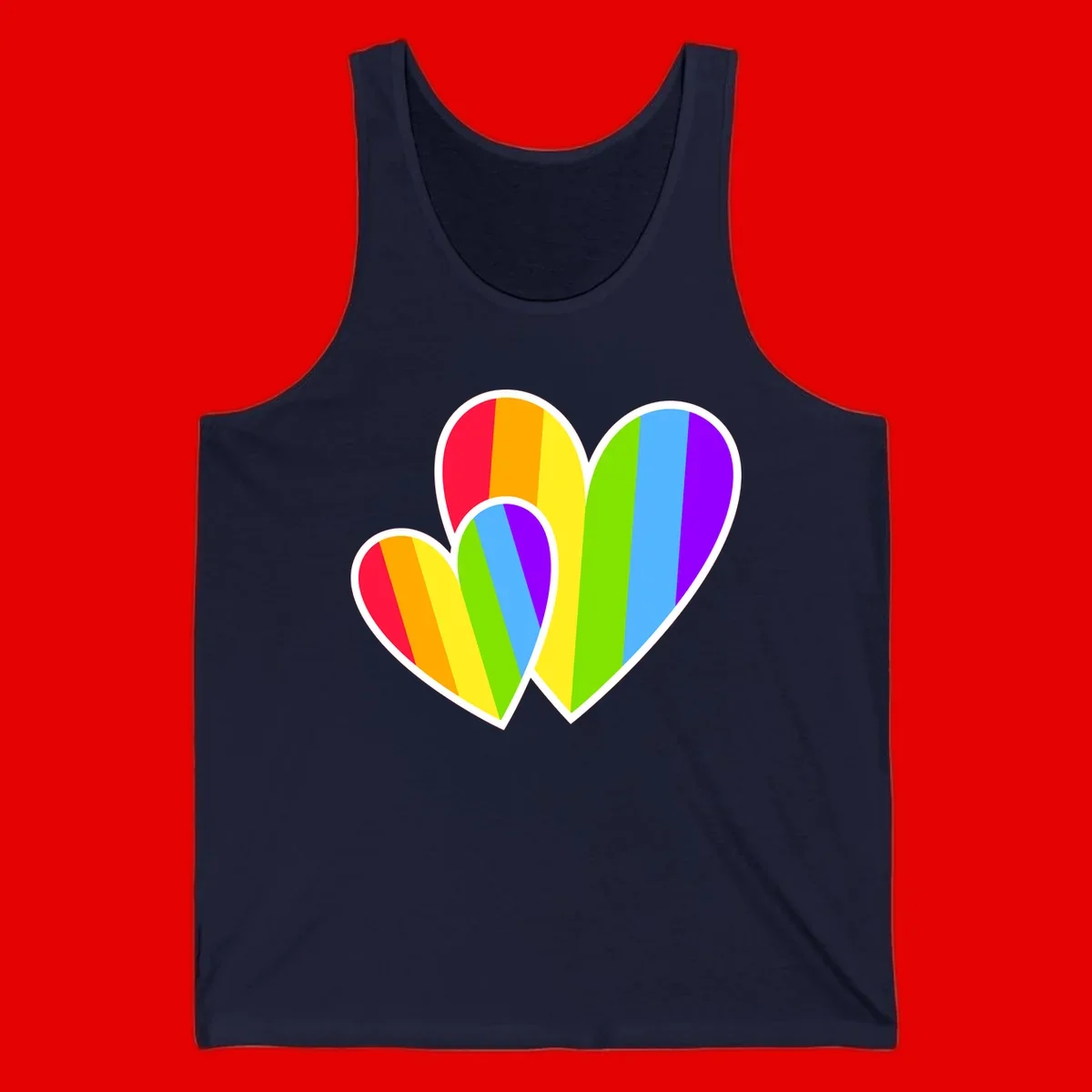 Three overlapping hearts with vertical rainbow stripes in pride colors: red, orange, yellow, green, blue, and purple with white borders