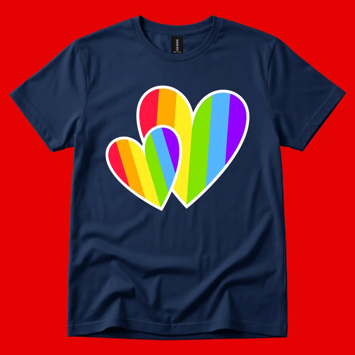 Three overlapping hearts with vertical rainbow stripes in pride colors: red, orange, yellow, green, blue, and purple with white borders