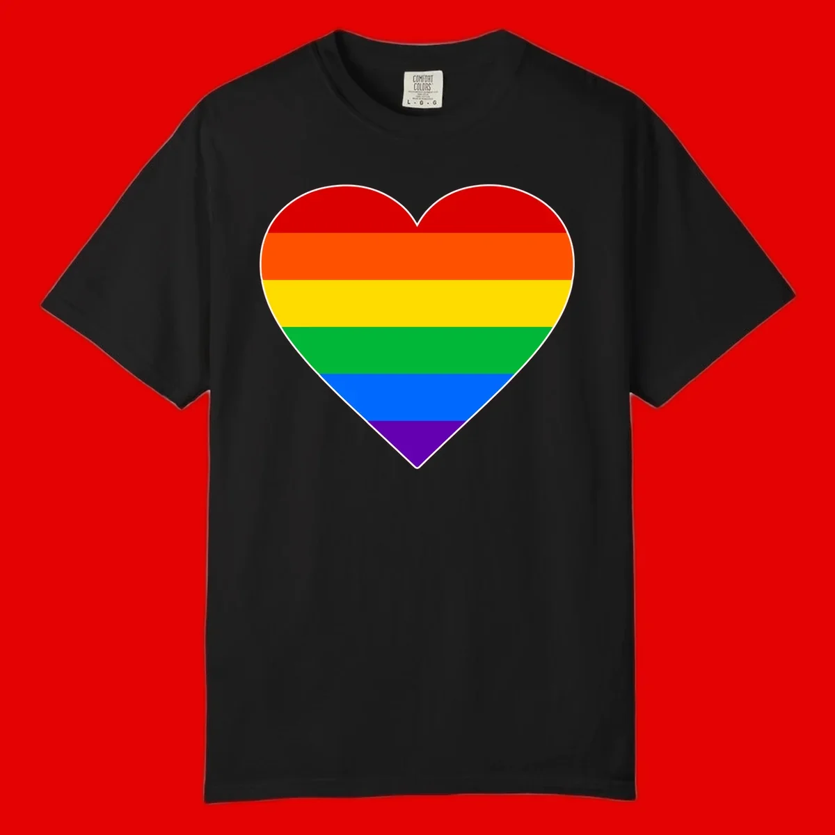 Rainbow pride heart with horizontal stripes in red, orange, yellow, green, blue, and purple colors on white outline