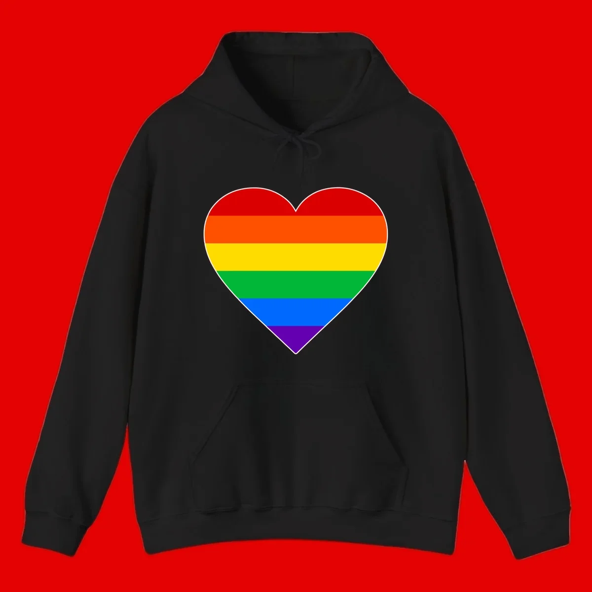 Rainbow pride heart with horizontal stripes in red, orange, yellow, green, blue, and purple colors on white outline