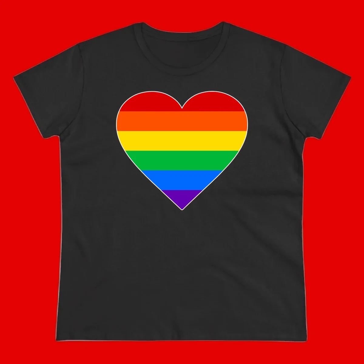 Rainbow pride heart with horizontal stripes in red, orange, yellow, green, blue, and purple colors on white outline