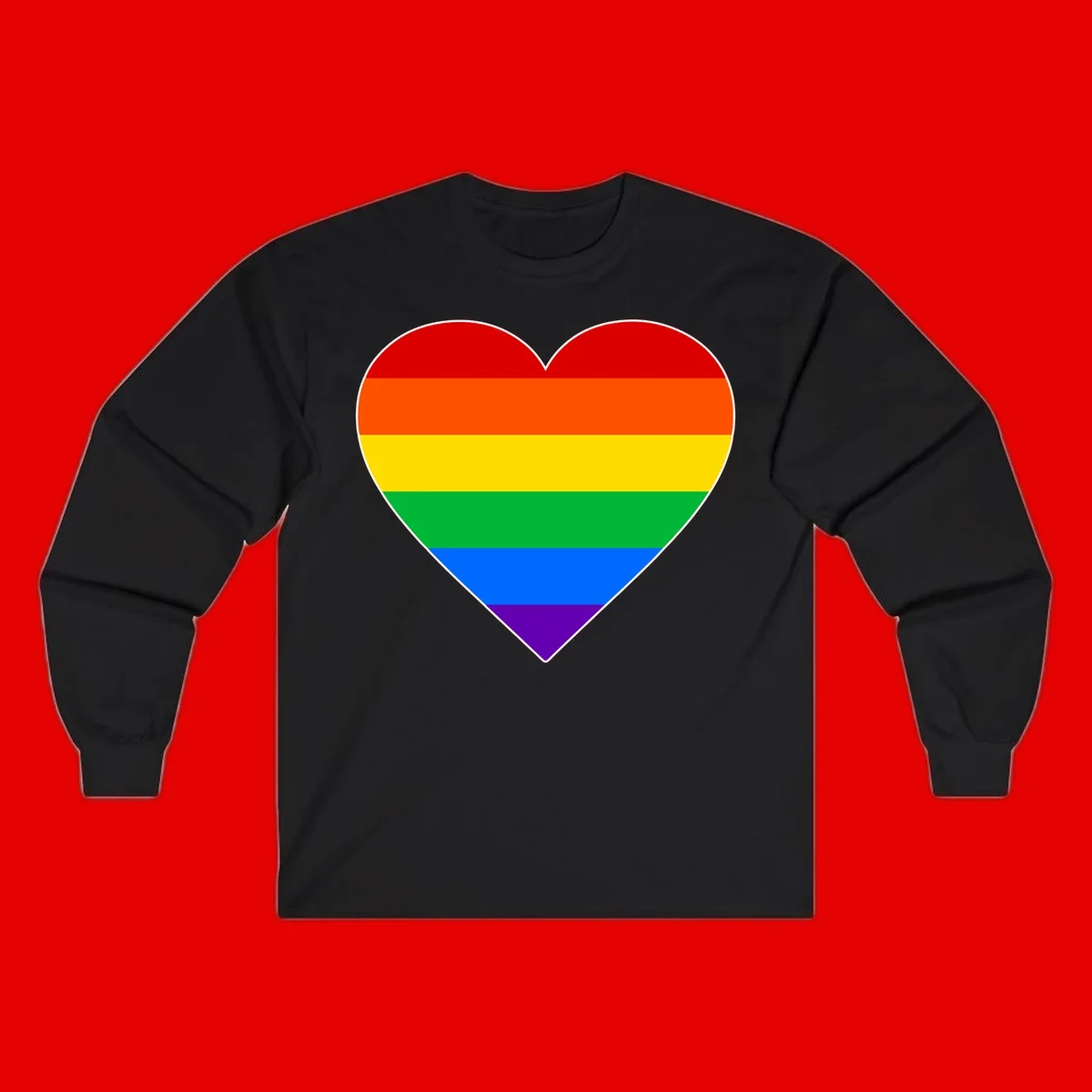 Rainbow pride heart with horizontal stripes in red, orange, yellow, green, blue, and purple colors on white outline