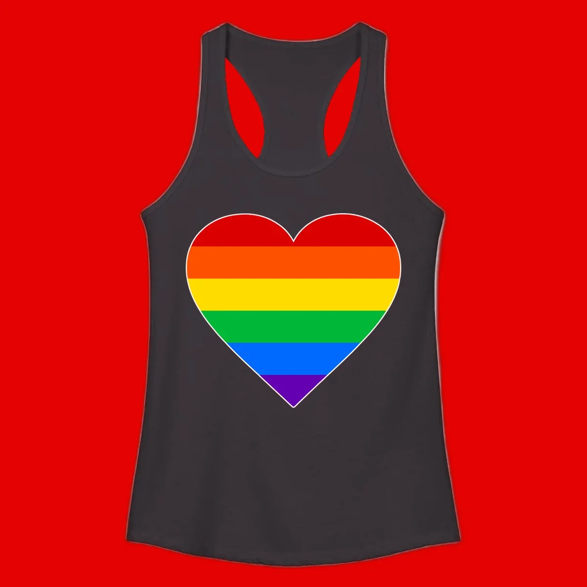 Rainbow pride heart with horizontal stripes in red, orange, yellow, green, blue, and purple colors on white outline