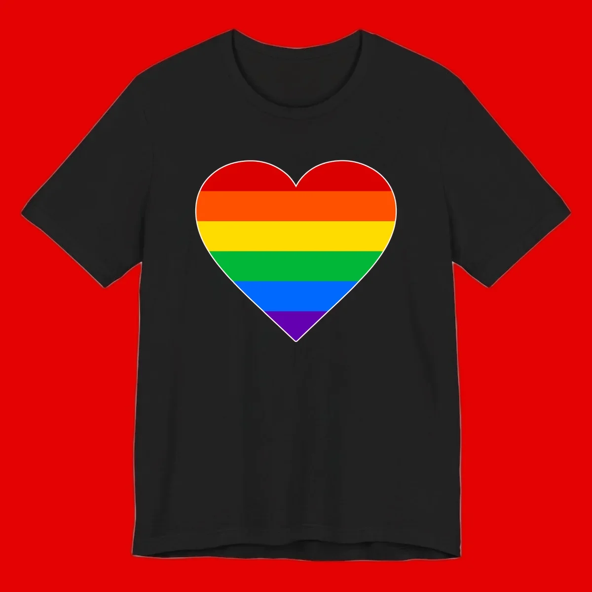 Rainbow pride heart with horizontal stripes in red, orange, yellow, green, blue, and purple colors on white outline