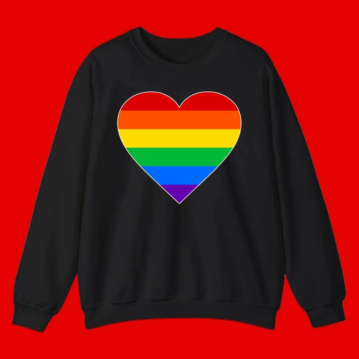 Rainbow pride heart with horizontal stripes in red, orange, yellow, green, blue, and purple colors on white outline