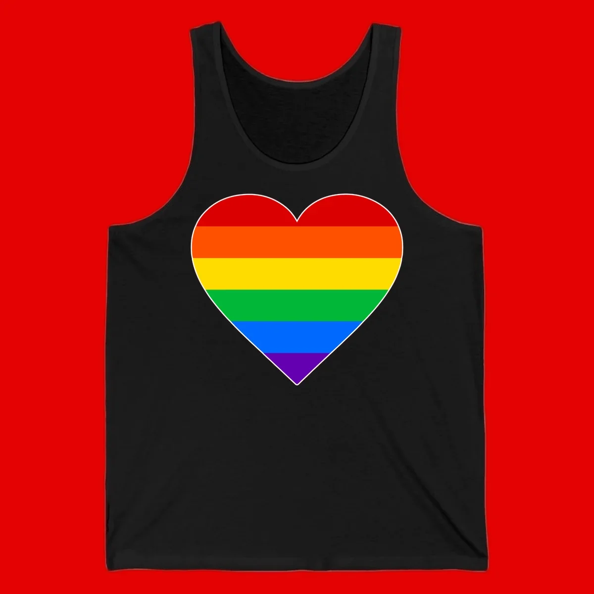 Rainbow pride heart with horizontal stripes in red, orange, yellow, green, blue, and purple colors on white outline