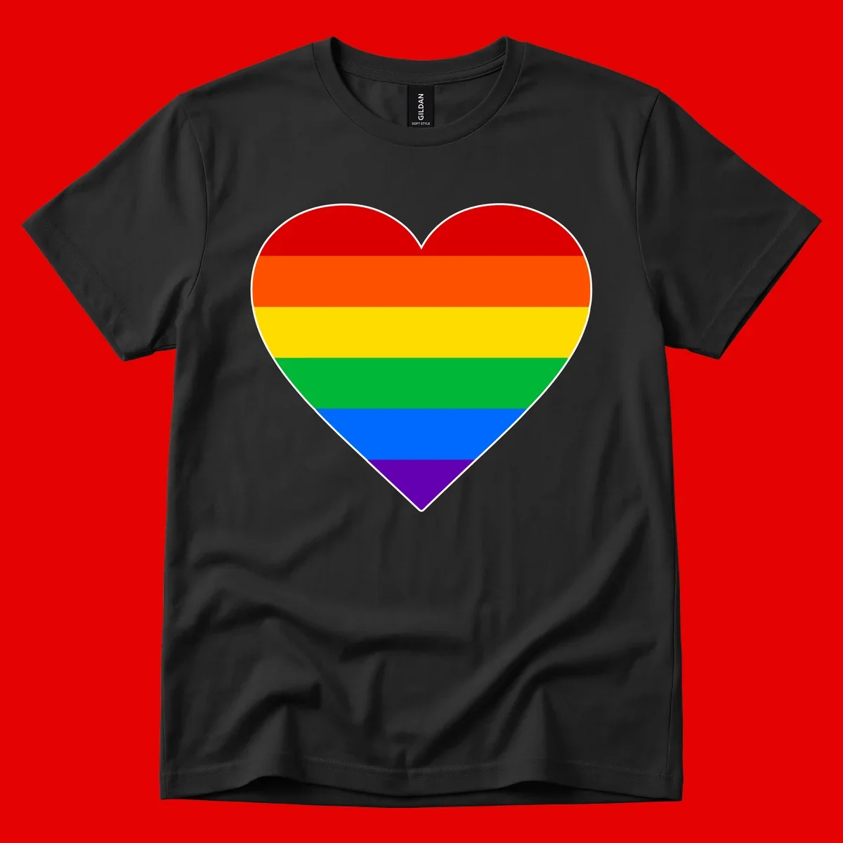 Rainbow pride heart with horizontal stripes in red, orange, yellow, green, blue, and purple colors on white outline