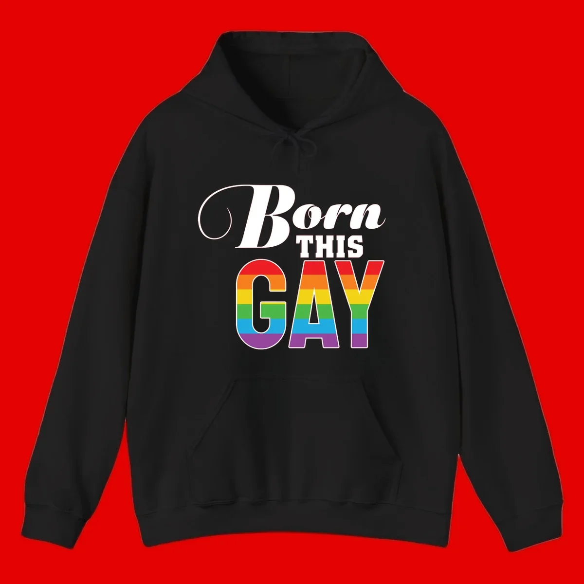 Born This Gay pride design with rainbow flag stripes filling large letters on gray background
