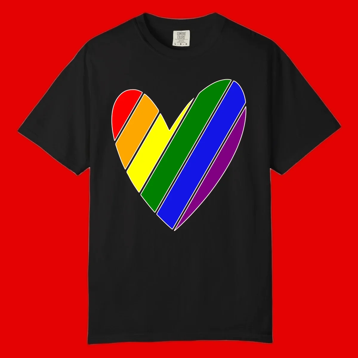 Rainbow pride heart made of diagonal chevron stripes in red, orange, yellow, green, blue, and purple colors with white outlines