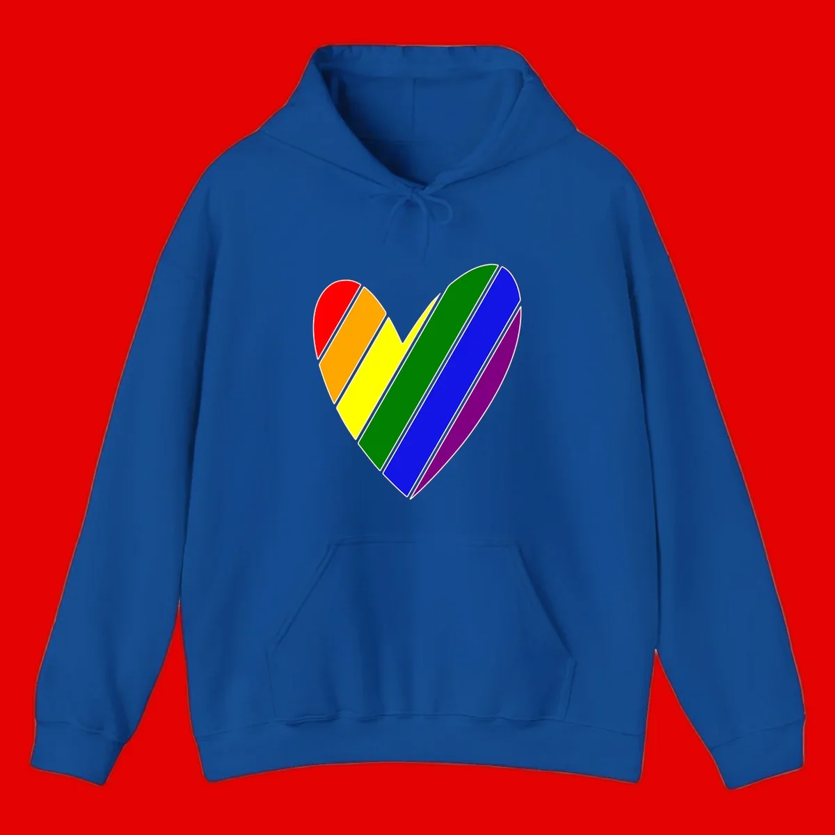 Rainbow pride heart made of diagonal chevron stripes in red, orange, yellow, green, blue, and purple colors with white outlines