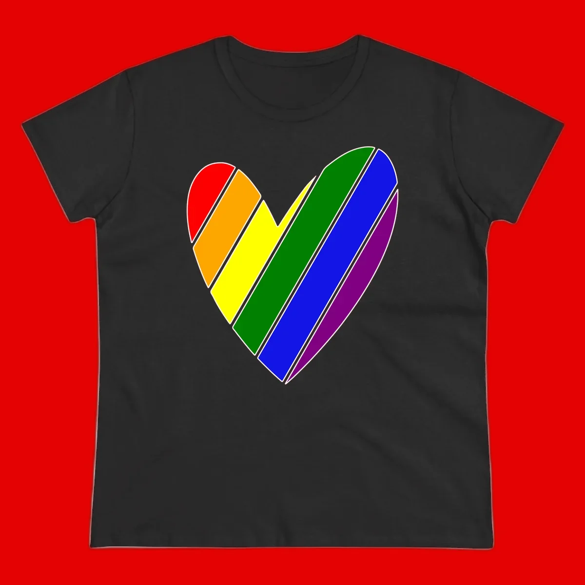 Rainbow pride heart made of diagonal chevron stripes in red, orange, yellow, green, blue, and purple colors with white outlines