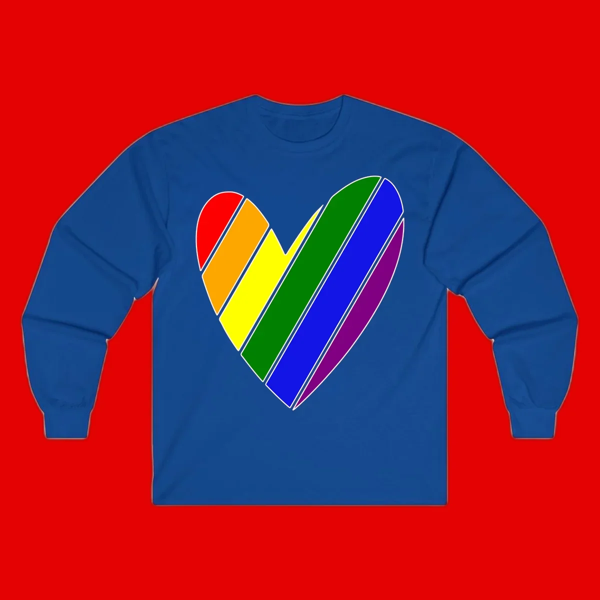 Rainbow pride heart made of diagonal chevron stripes in red, orange, yellow, green, blue, and purple colors with white outlines