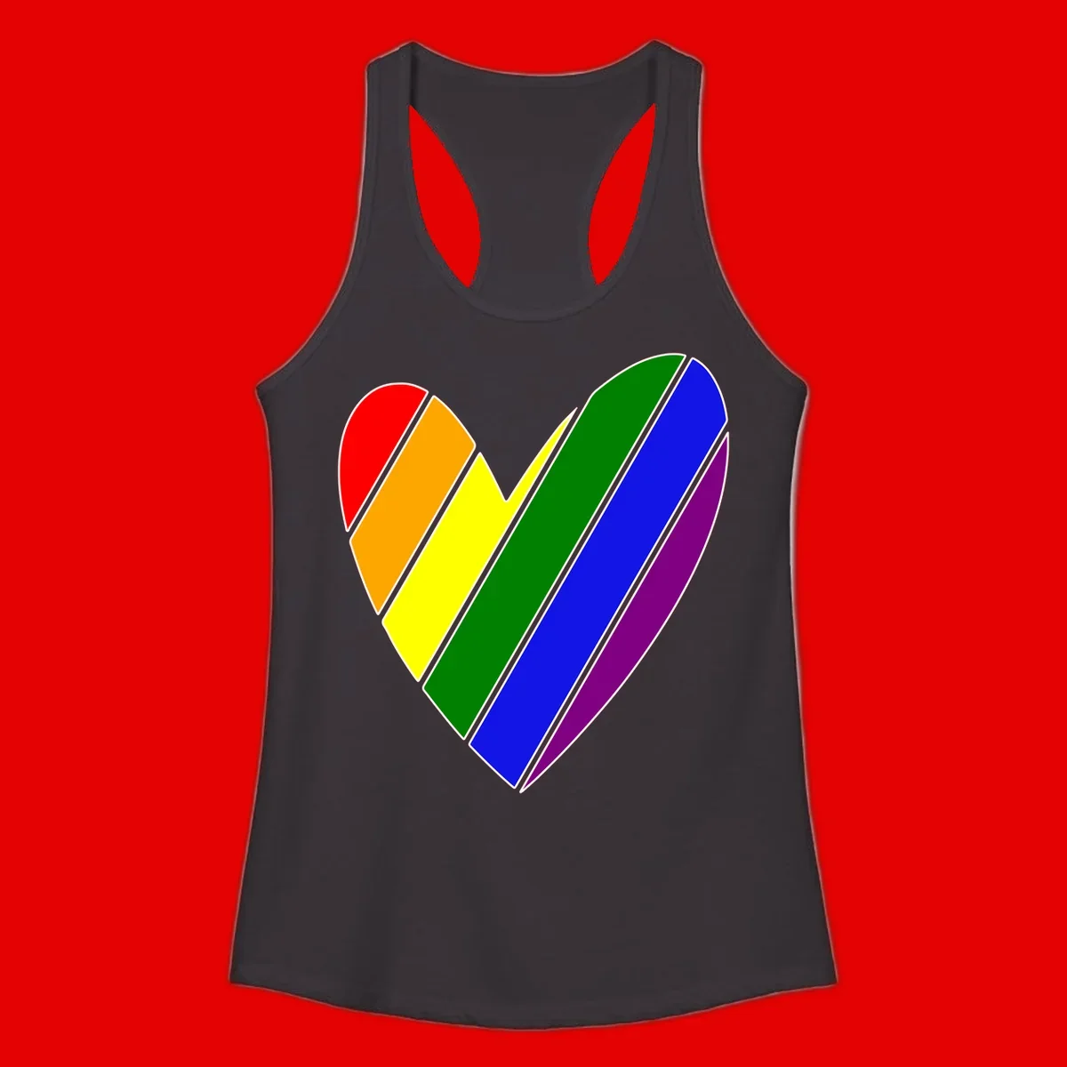 Rainbow pride heart made of diagonal chevron stripes in red, orange, yellow, green, blue, and purple colors with white outlines