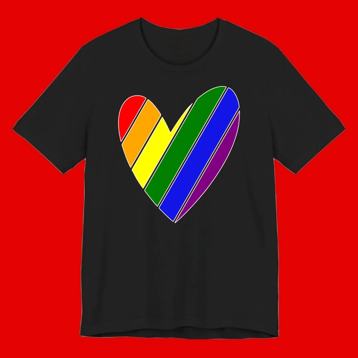 Rainbow pride heart made of diagonal chevron stripes in red, orange, yellow, green, blue, and purple colors with white outlines