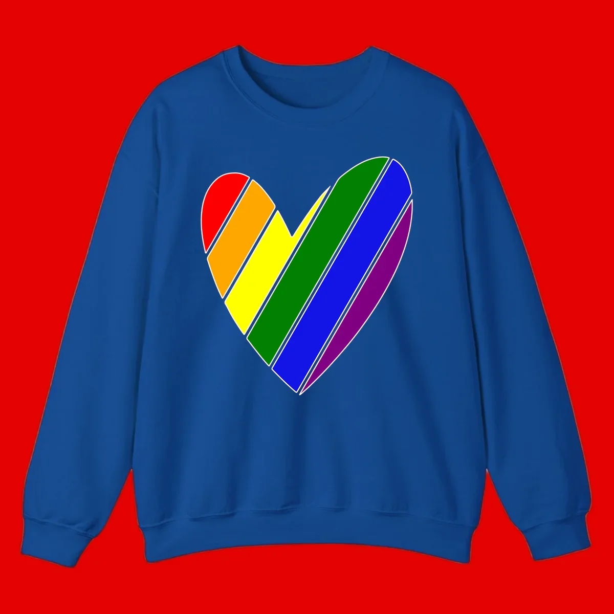 Rainbow pride heart made of diagonal chevron stripes in red, orange, yellow, green, blue, and purple colors with white outlines
